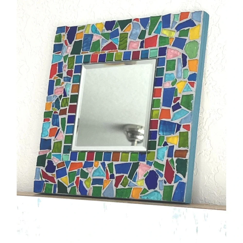 Stained Glass Mosaic Mirror Colorful Glass Tile Wall Mirror Beveled Boho Decor